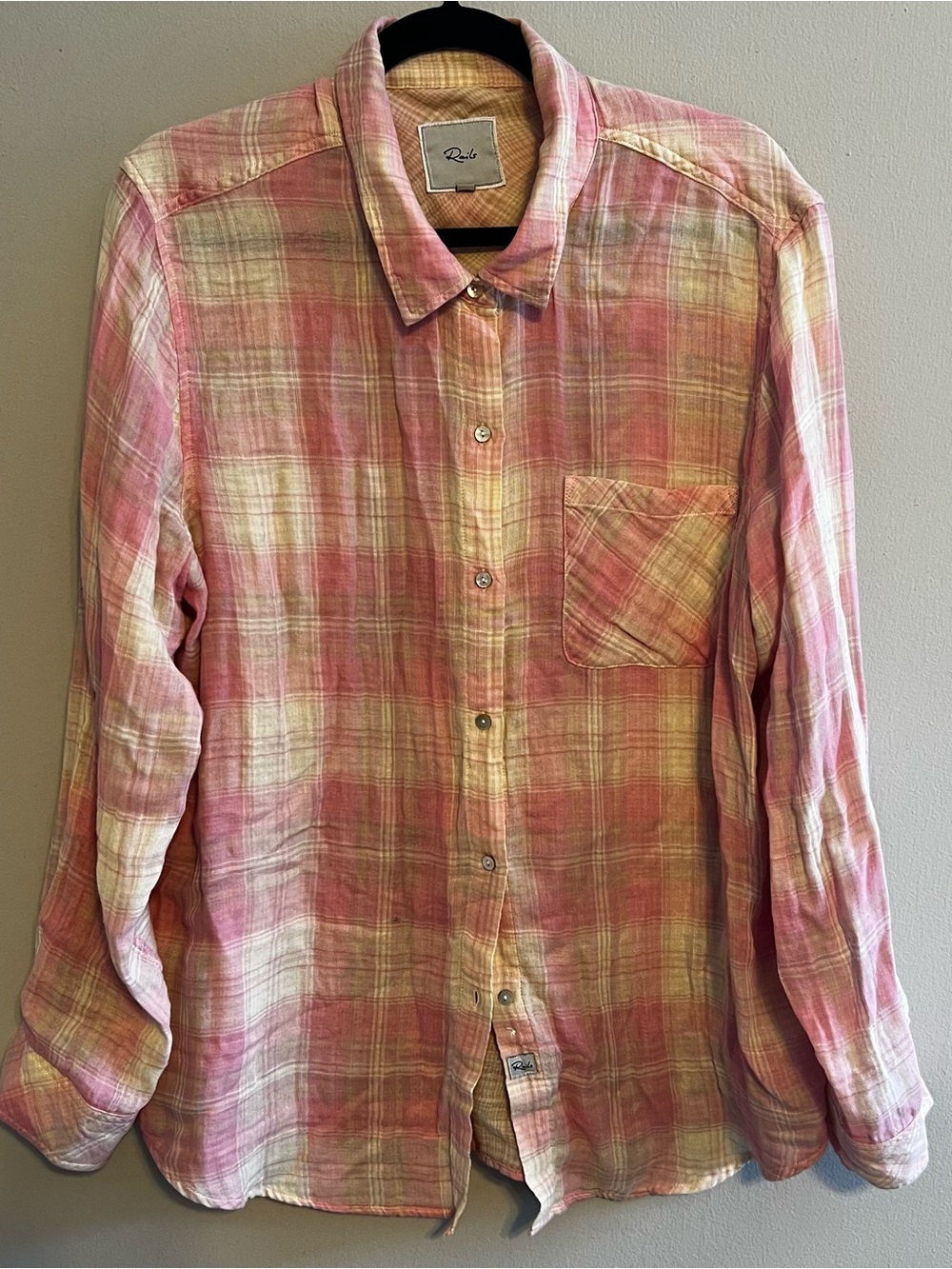 RAILS Ellis Rose Sand Ivory Plaid Cotton Gauze Button Down Shirt Women’s XL